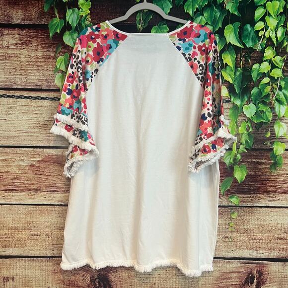 Boutique Fringe Short Sleeve Shirt Blouse Top 4XL Plus Boho Floral Cheetah Print - Picture 5 of 8